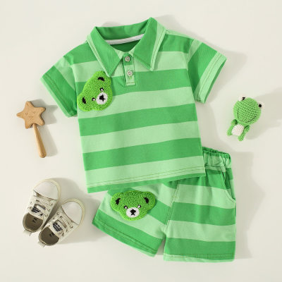 Toddler Boy Polo Collar Cartoon Stripes Color-block Top & Shorts