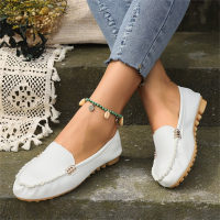Spring and summer round toe flat heel pumps single shoes metal buckle flat shoes for women toe shoes casual shoes  White
