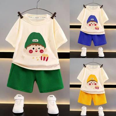 New style children's short-sleeved suit children's clothing boys summer casual loose clothes waffle baby summer