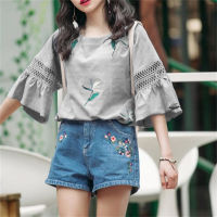 Teen Girl Hollow Lace Bell Sleeve Top  Gray
