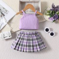 Little girl's summer new waffle plaid pleated skirt set two-piece suit  Purple