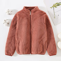 Toddler Girl Solid Color Stand Up Collar Zip-up Fleece-lined Plush Jacket  Taupe
