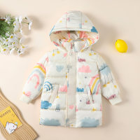 Toddler Girl Cloud and Star Print Style Zippered Long Cotton-padded Jacket  White