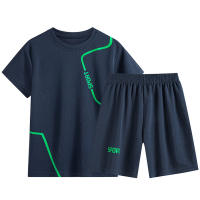 Sommersportanzug für Jungen, T-Shirt, dünne Größe, schnelltrocknende Kleidung für mittlere und große Kinder, kurzärmelige Shorts, zweiteiliger Anzug, T-Shirt und Shorts  Blau