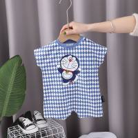 New summer baby jumpsuit black and white checkered cartoon baby short-sleeved clothes summer thin jumpsuit  Blue