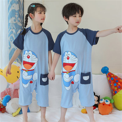 Pijama de uma peça, verão, algodão puro, desenho animado, respirável, colcha anti-chutes, roupas para casa das crianças