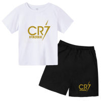 New cr7 trendy children's printed sports casual wear loose short-sleeved T-shirt suit  White