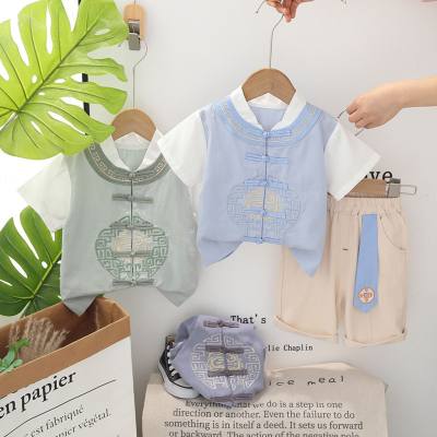 Boys summer shirt suit 2024 new ancient style boy baby summer children Chinese style short-sleeved suit trendy