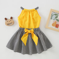 Toddler Girl Baby Top & Bow Knot Decor Plaid Skirt  Yellow