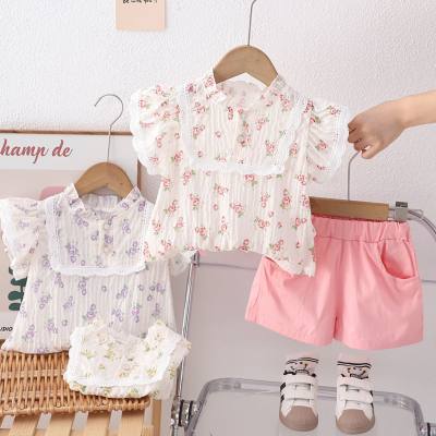 Summer new style girls stand collar placket short sleeve suit baby girl casual shorts two piece suit