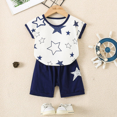 2-piece Toddler Boy Pure Cotton Allover Star Pattern Short Sleeve Top & Matching Shorts