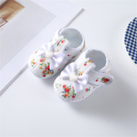 Sapatos infantis com sola macia em tecido floral com padrão de laço para bebês e crianças pequenas  Branco