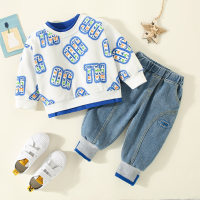 Toddler Letter Printed Pullover Sweater & Pants  White