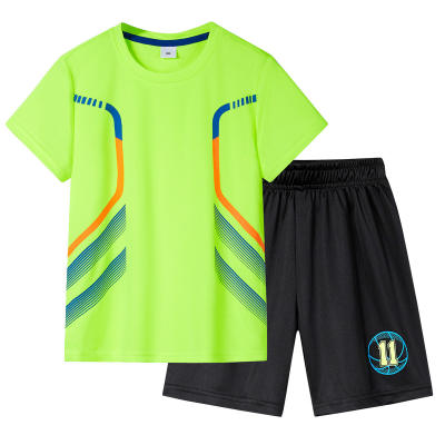 Terno infantil de verão para meninos, camiseta elástica de manga curta com secagem rápida ao ar livre, shorts elásticos, roupa esportiva