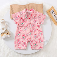Summer baby boy and girl cartoon thin harem breathable short-sleeved comfortable jumpsuit newborn fashionable outdoor crawling suit  Pink