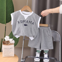 Boys summer new suits children's clothing small and medium children's round neck letter printed vest sports casual wear two-piece suit  Gray