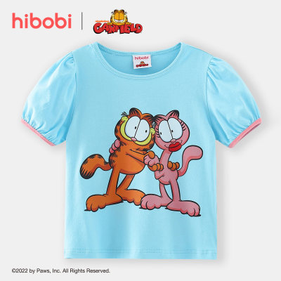 تي شيرت علوي من hibobi x Garfield للفتيات الصغار مطبوع عليه رسوم كرتونية بأكمام منفوخة من القطن