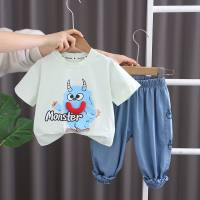 Summer new children's short-sleeved suits fashionable cartoon monster T-shirts boys' casual denim pants two-piece suit  Green