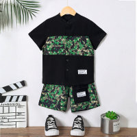 2pcs Set Young Boy Camouflage Print Color Block Shirt And Shorts Suit  Black