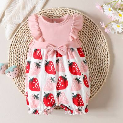 Nouveautés filles mignonnes vêtements rampants fraise à manches courtes nœud papillon bébé fille costumes garçons et filles