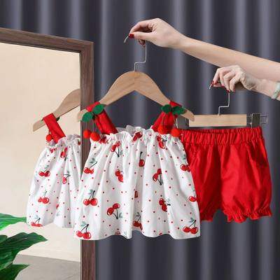 Verão novo estilo roupas infantis bebê menina cereja sling terno moda bebê menina shorts terno de duas peças