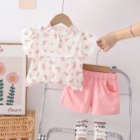 Summer new style girls stand-up collar placket short-sleeved suit baby girl casual shorts two-piece trendy set  Pink