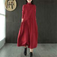 Teenage girl solid color long sleeve dress  Red