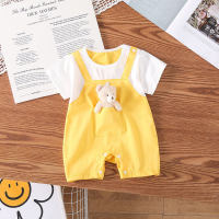 Summer thin jumpsuit for boys and girls with pockets, striped suspenders, one-piece romper for outings, cartoon crawling suit  Yellow