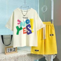Boys summer suits for middle and large children Korean style loose thin boys handsome summer two-piece suit  Apricot