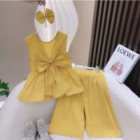 فستان بناتي على الطراز الكوري الجديد بلون سادة عصري مع سروال  أصفر