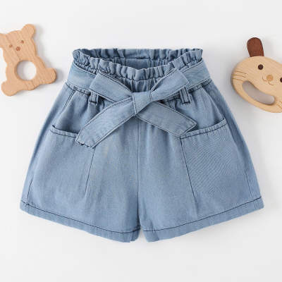 Shorts jeans de caubói com laço casual para menina infantil