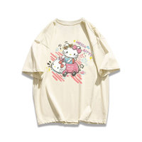 T-shirt à manches courtes imprimé chat de dessin animé, niche polyvalente, mignon, haut de dessin animé  Abricot