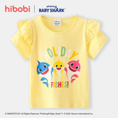 hibobi x Baby Shark Toddler Girl  Casual Cute Letter Print Round Collar Fly Sleeves T-shirt
