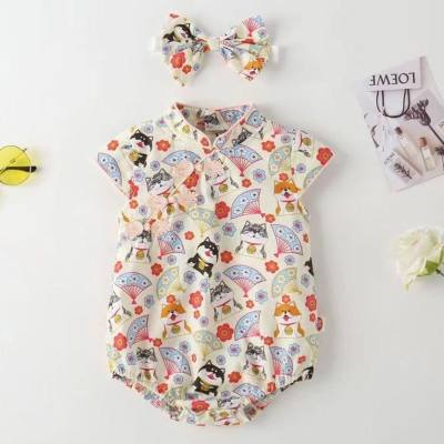 Baby summer floral bag fart clothing, fashionable baby girl full month one-piece harem one year old printed romper to send hair and trendy