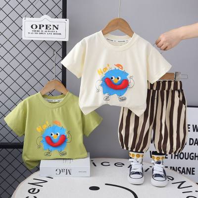 Neue Sommer Baby Baumwolle T-shirt Kurzarm Anzug Jungen Casual Gestreiften Shorts Kinder Nette Cartoon Kleidung