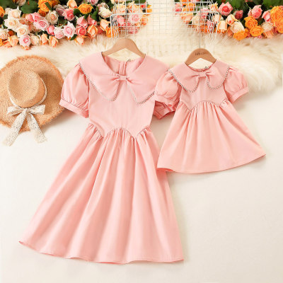 Mom Baby Dress Solid Color Puff Sleeve Dress