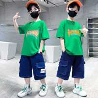 New style medium and large boy suits summer fashionable children handsome children's clothing two-piece suit  Green