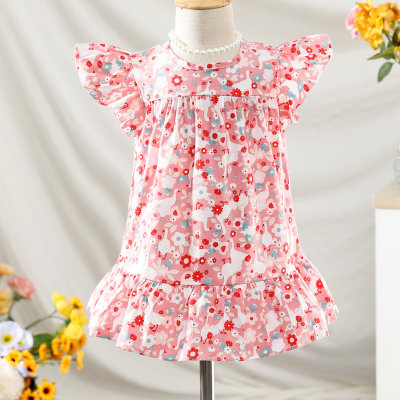 Toddler Girl Pure Cotton Allover Floral Printed Fly Sleeve Dress