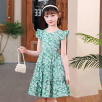 Girls summer thin dress princess dress stylish middle and large children summer dress small floral children's skirt  Green