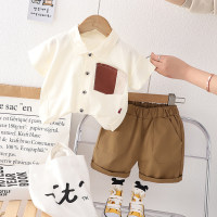 Traje de camisa fina de verano para niños, camisa informal de manga corta con solapa, traje de dos piezas  Beige