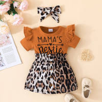 Baby short-sleeved dress baby new leopard print patchwork skirt headscarf two-piece set  Yellow