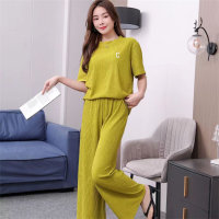 Women's two-piece suit with letter embroidery, thin ice silk home wear suit  Green