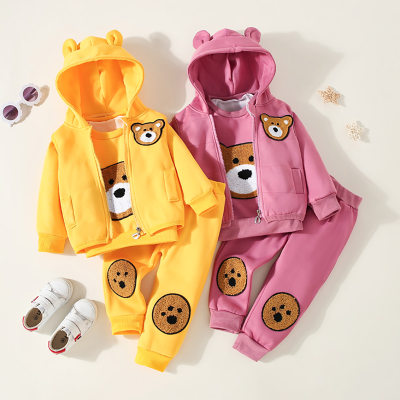 3-piece Toddler Girl Solid Color Bear Appliqué Top & Hooded Zip-up Jacket & Matching Pants
