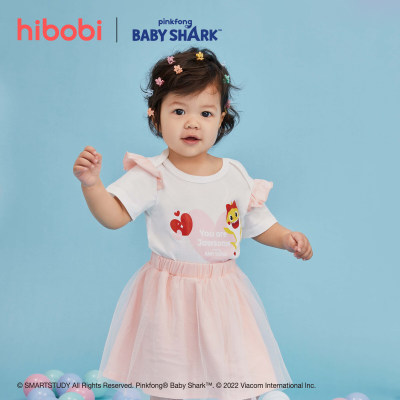 hibobi×BabyShark Baby Girl Cute Print Ruffle Short Sleeve Jumpsuit & Skirt