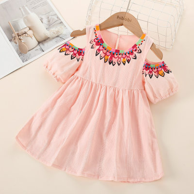 Toddler Girl Casual Boho Solid Color Open Shoulder Dress