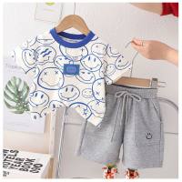 New style children's short-sleeved suit summer baby boy cartoon smiley clothes boy casual loose pants two-piece suit  Blue