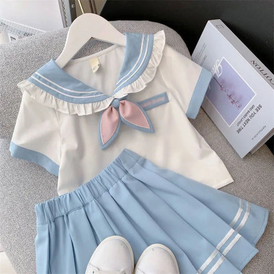 Girls college style skirt summer children's JK suit 2024 new style girl's shirt pleated skirt two-piece set