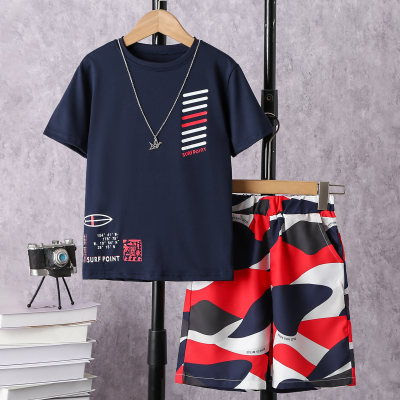 2-piece Kid Boy Stripe Pattern Short Sleeve T-shirt & Color-block Shorts