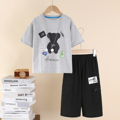 2-قطعة طفل صبي القطن الخالص الدب المطبوعة قصيرة الأكمام تي شيرت وسراويل مطابقة