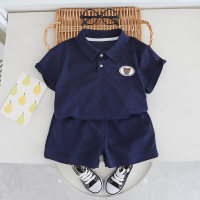 Boys short-sleeved suit summer new style fashion bear head round label lapel short-sleeved summer suit  Navy Blue